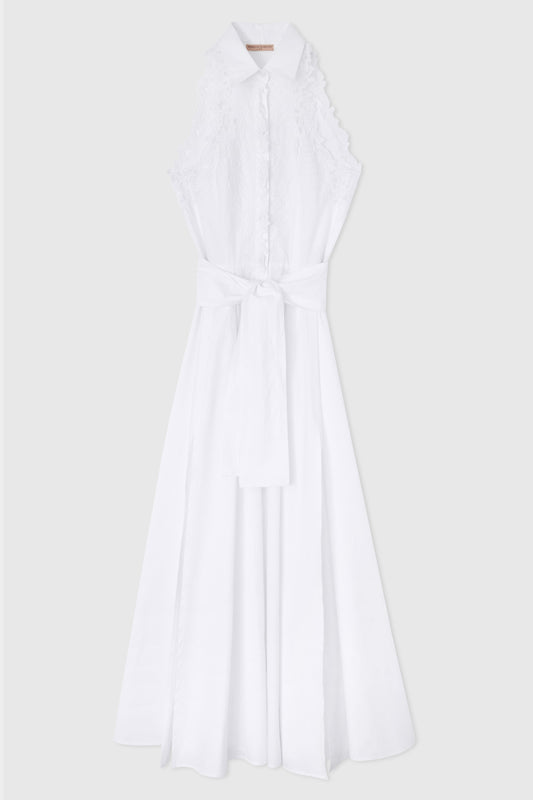 Long sleeveless chemise dress with lace appliqués and waist sash