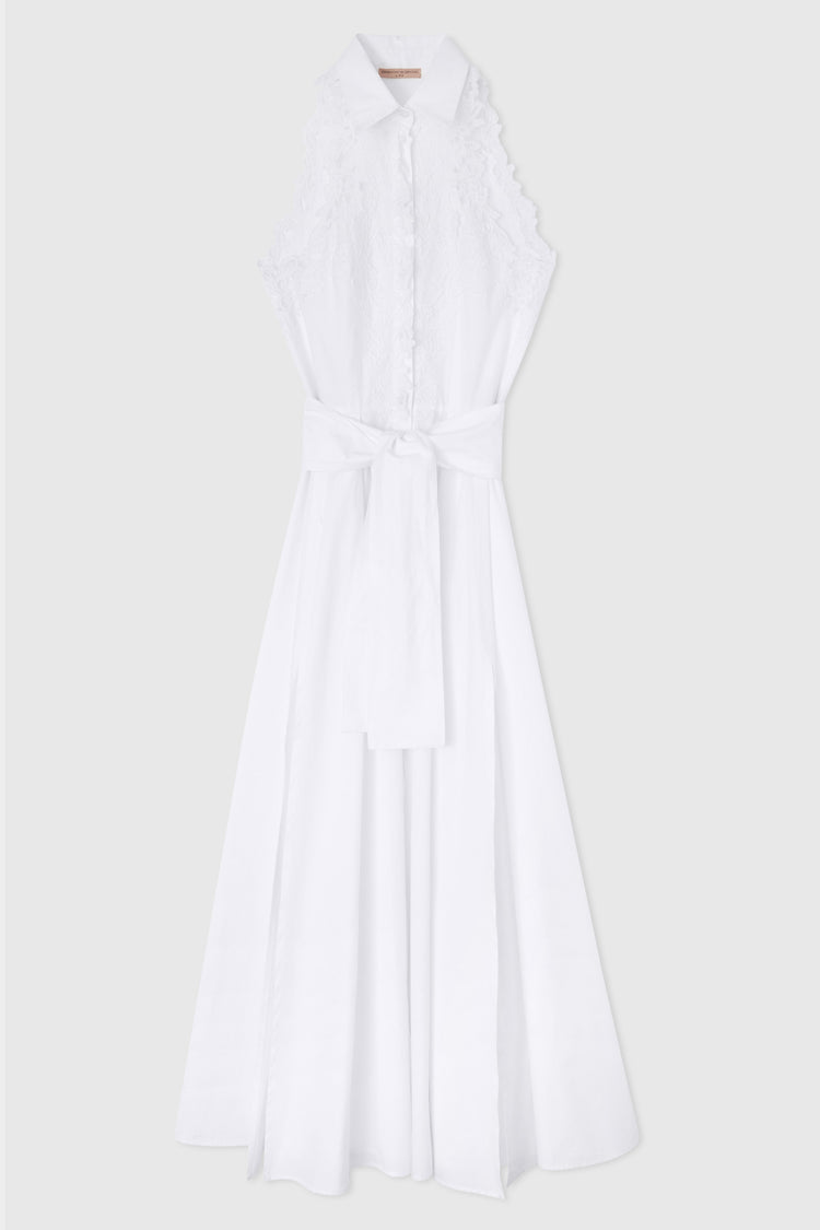 Long sleeveless chemise dress with lace appliqués and waist sash