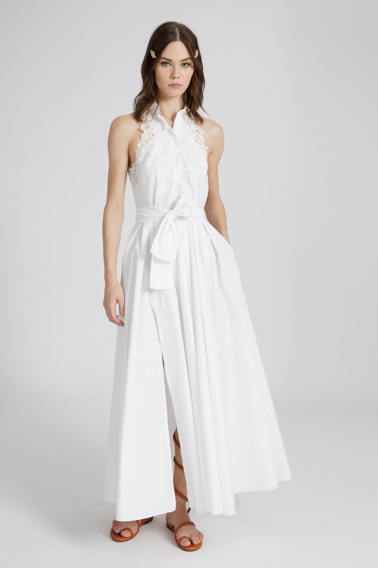 Long sleeveless chemise dress with lace appliqués and waist sash