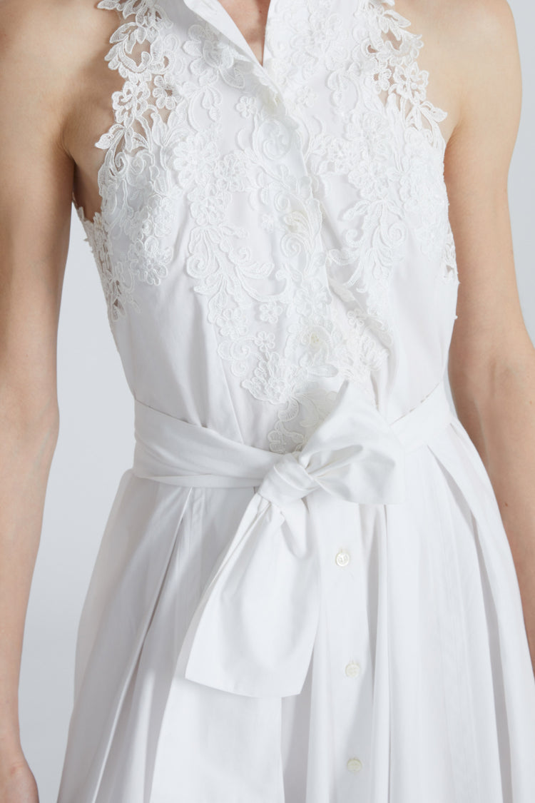 Long sleeveless chemise dress with lace appliqués and waist sash