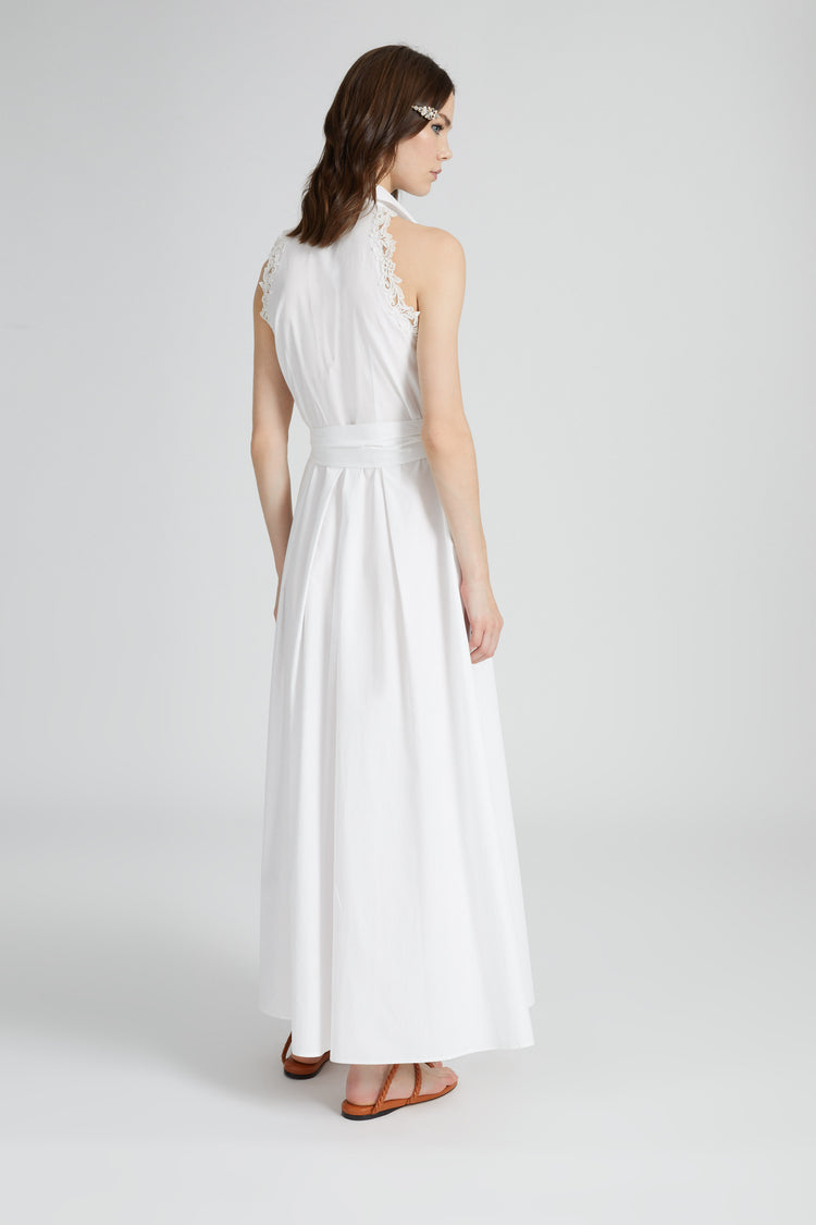 Long sleeveless chemise dress with lace appliqués and waist sash