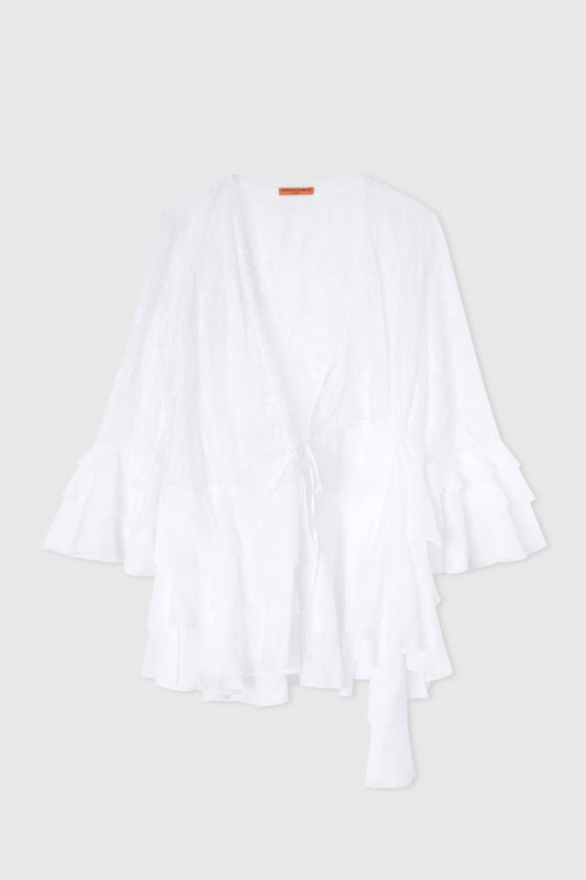 Ramie kimono dress with flounced skirt and sleeves