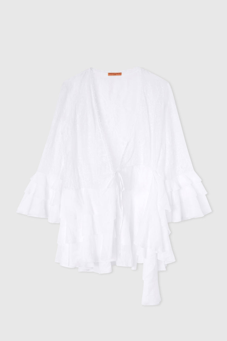 Ramie kimono dress with flounced skirt and sleeves