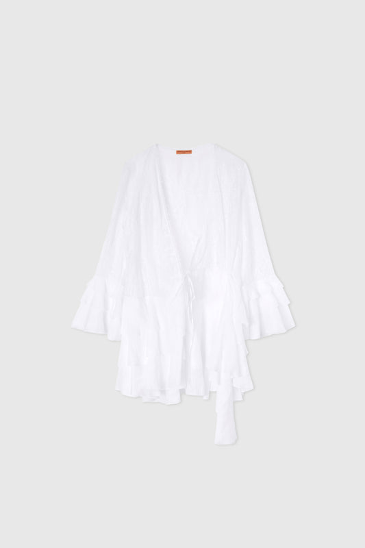 Ramie kimono dress with flounced skirt and sleeves