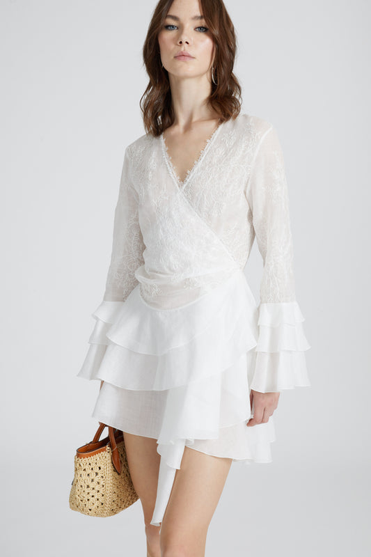 Ramie kimono dress with flounced skirt and sleeves