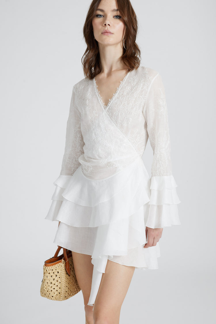 Ramie kimono dress with flounced skirt and sleeves
