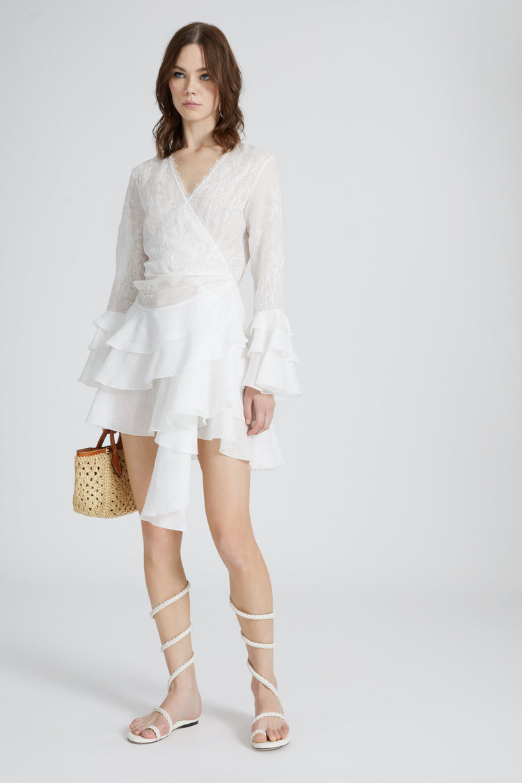 Ramie kimono dress with flounced skirt and sleeves