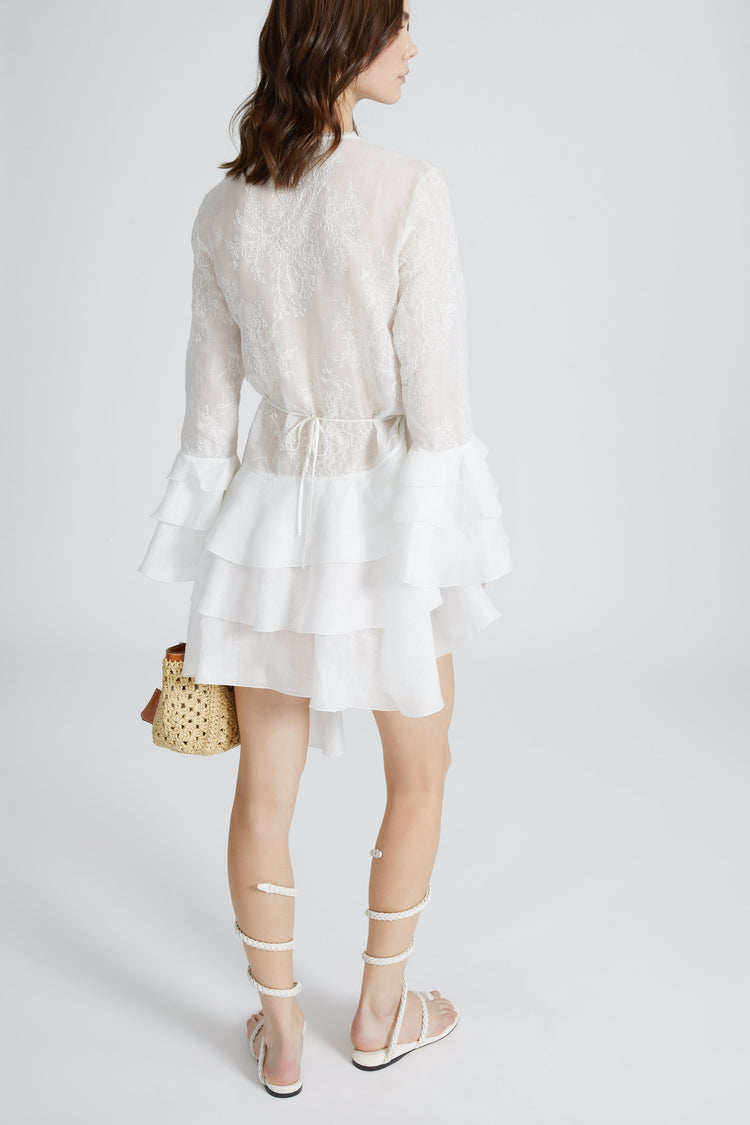 Ramie kimono dress with flounced skirt and sleeves
