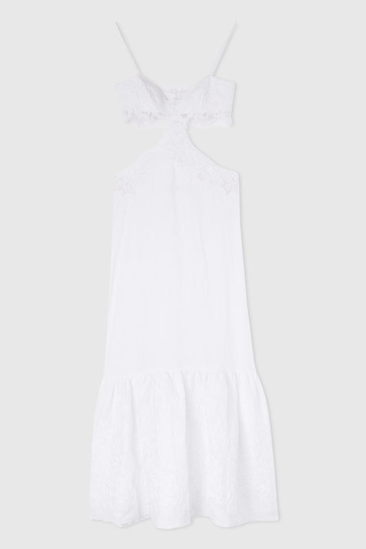 Long cut-out dress in pure linen with Chantilly lace applique