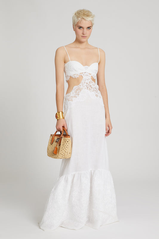 Long cut-out dress in pure linen with Chantilly lace applique