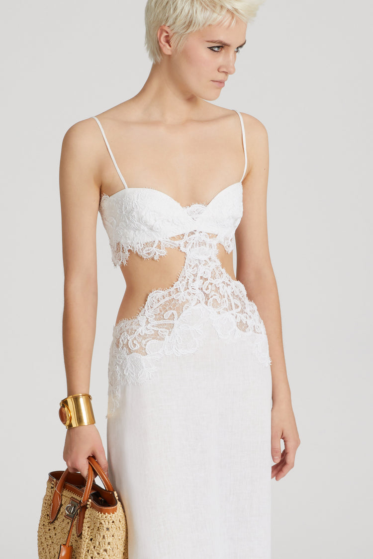 Long cut-out dress in pure linen with Chantilly lace applique