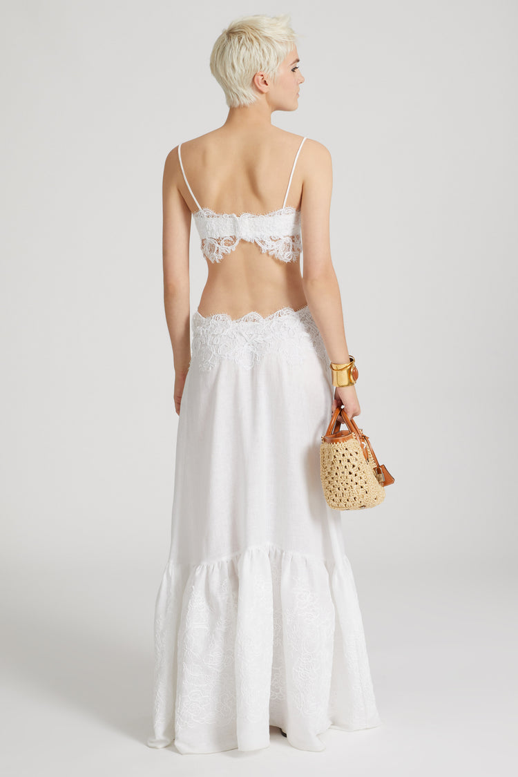 Long cut-out dress in pure linen with Chantilly lace applique