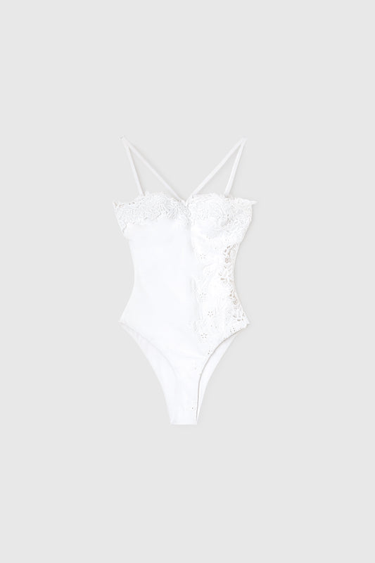 One-piece swimming costume with bandeau top and side lace