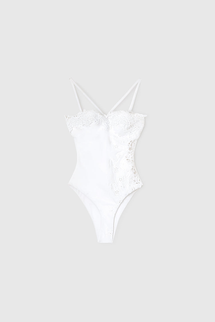 One-piece swimming costume with bandeau top and side lace