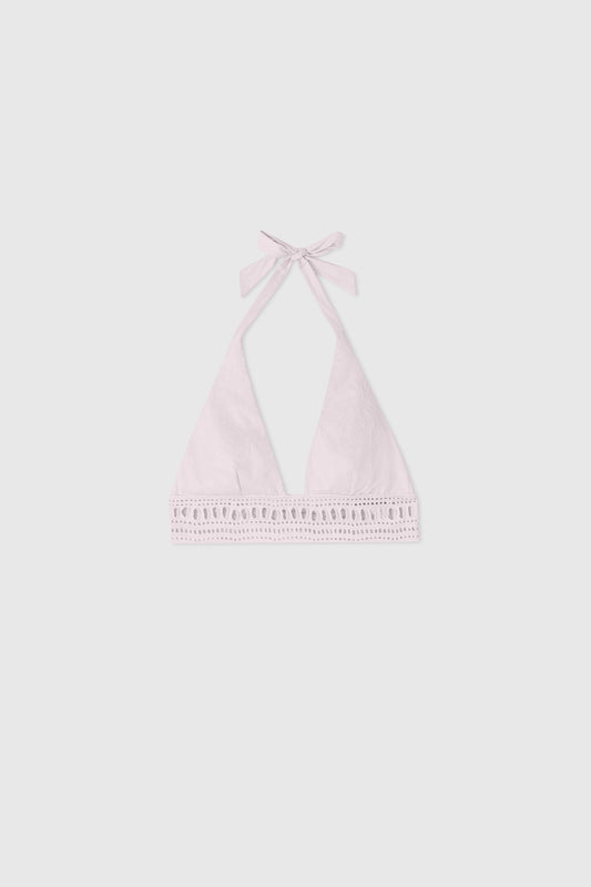 Triangle top with halter neckline and matching sangallo detail and floral embroidery
