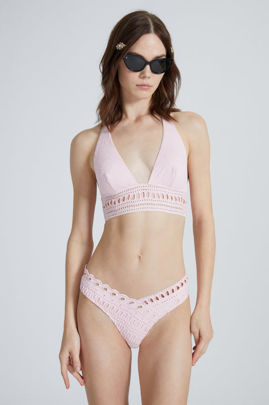 Triangle top with halter neckline and matching sangallo detail and floral embroidery