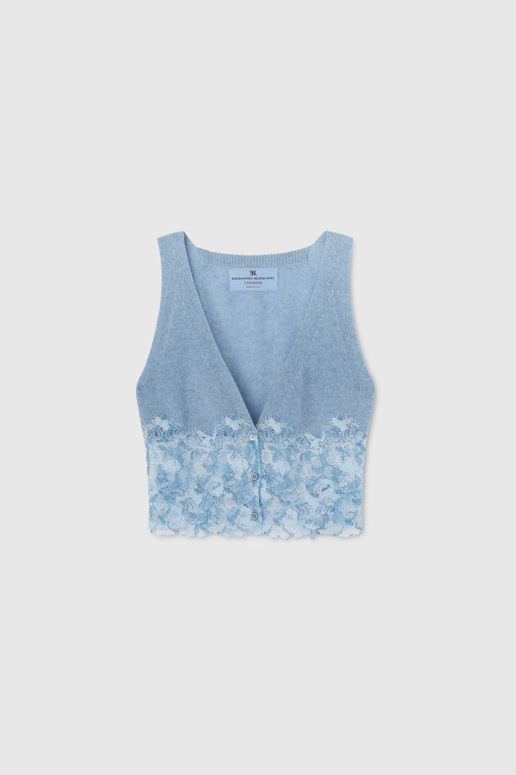 Boxy vest top in pure cashmere with lace