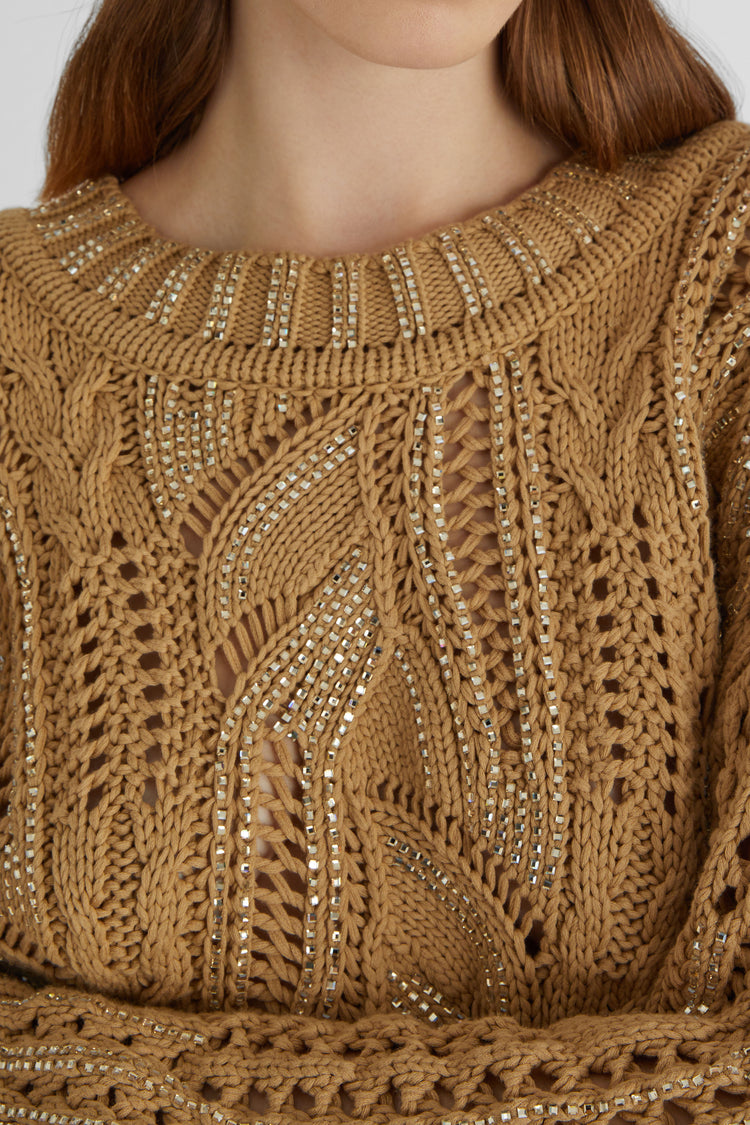 Cotton blend sweater with braids, nets and crystals