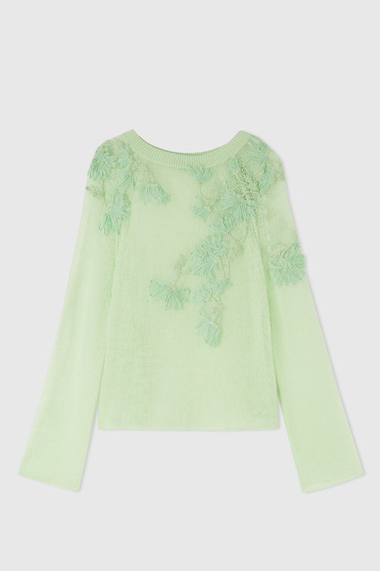 Cashmere sweater with long sleeves and three-dimensional floral embroidery made by hand