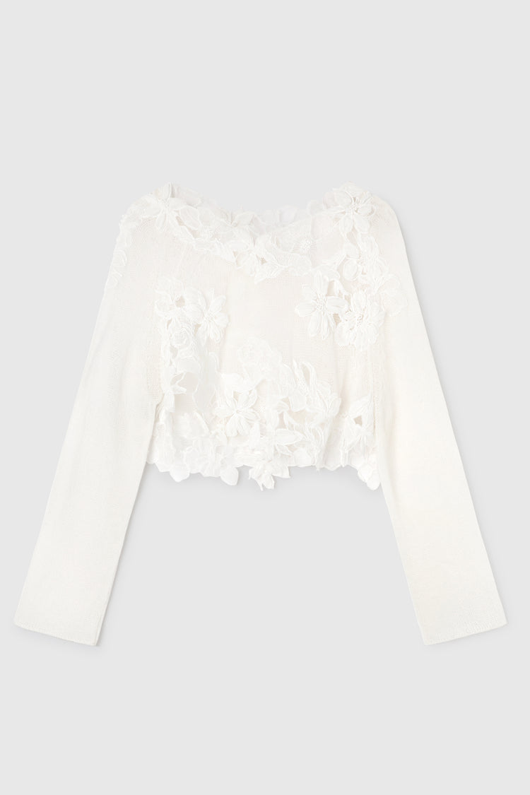 Pure cashmere crop sweater with long sleeves and three-dimensional floral embroidery made by hand