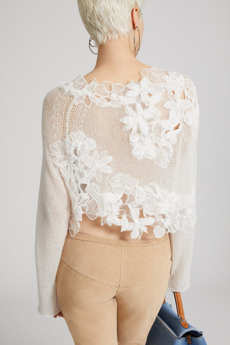 Pure cashmere crop sweater with long sleeves and three-dimensional floral embroidery made by hand