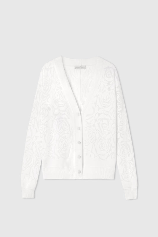 Cotton knit cardigan with long sleeves and all-over devorè roses