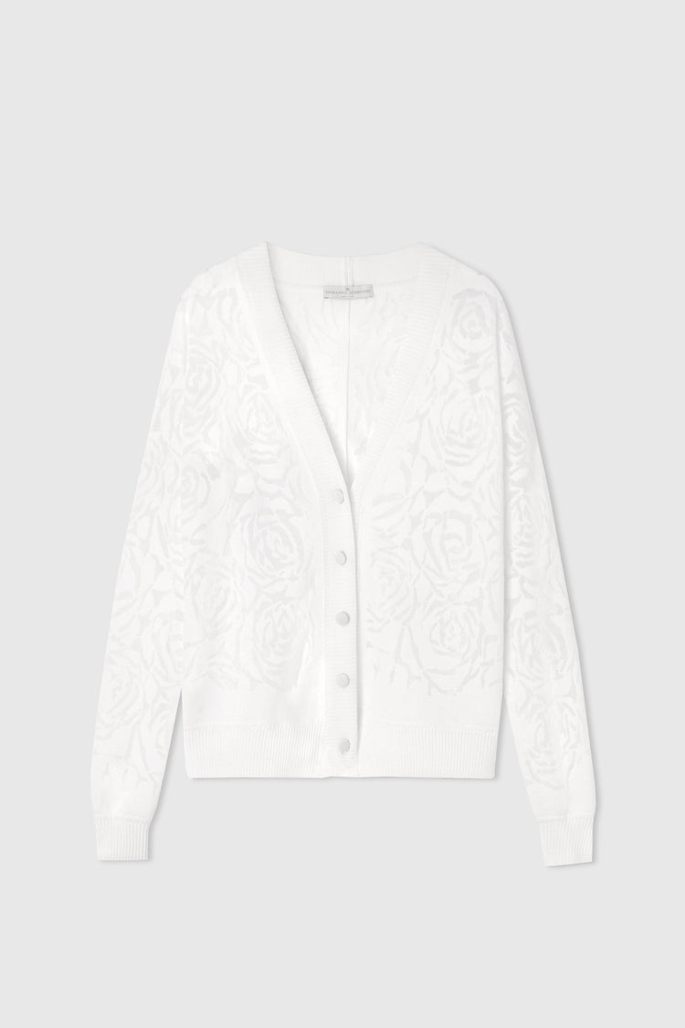 Cotton knit cardigan with long sleeves and all-over devorè roses