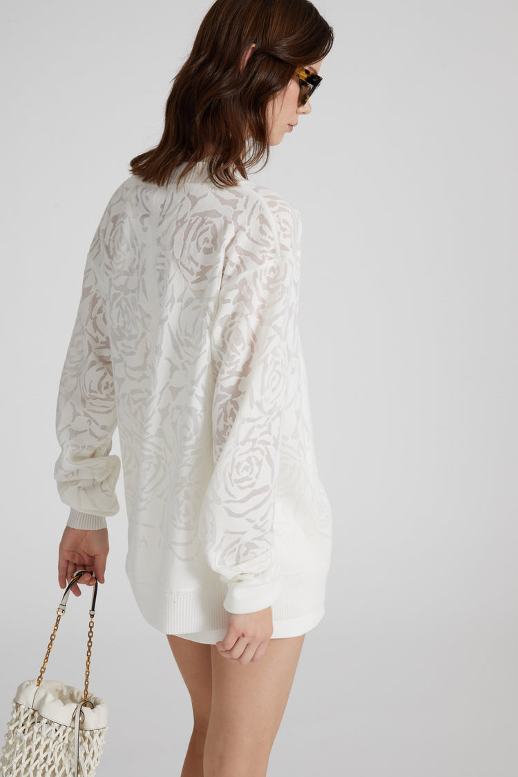 Cotton knit cardigan with long sleeves and all-over devorè roses