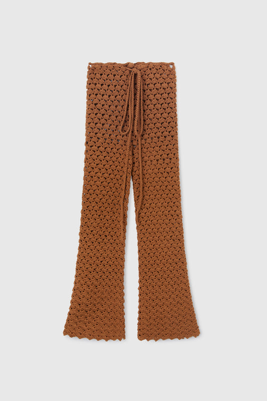 Brown trousers in pure cotton with hand-made crochet work