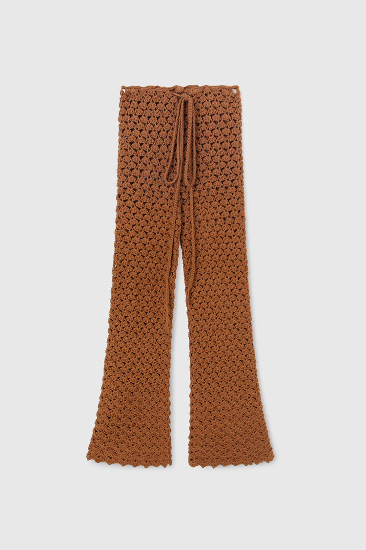 Brown trousers in pure cotton with hand-made crochet work