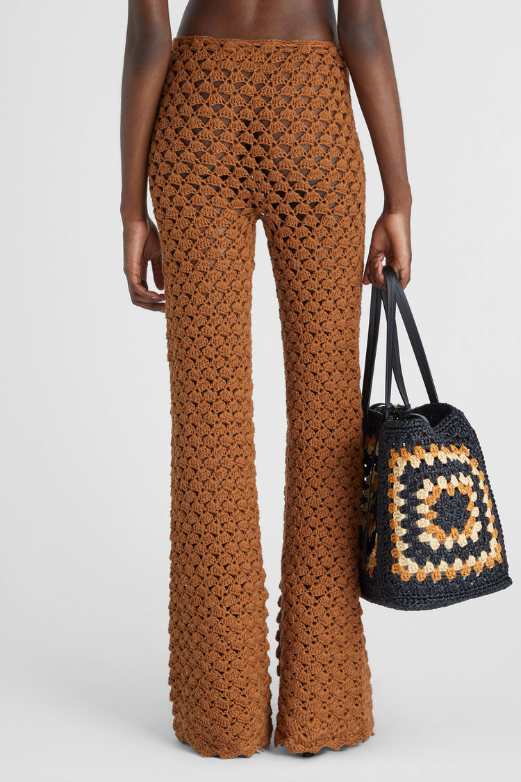 Brown trousers in pure cotton with hand-made crochet work