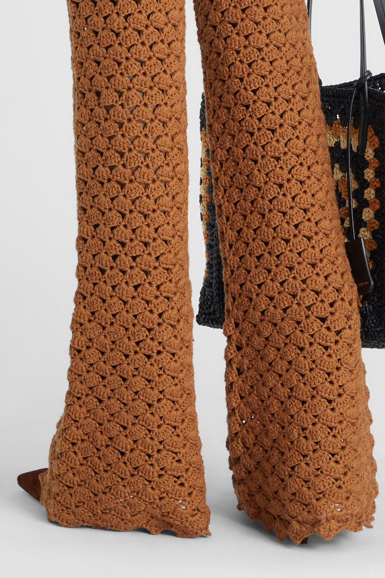 Brown trousers in pure cotton with hand-made crochet work