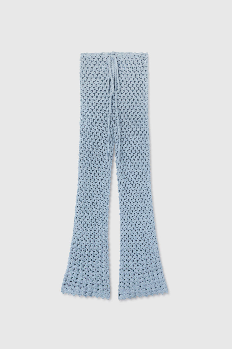 Light blue trousers in pure cotton with hand-made crochet work