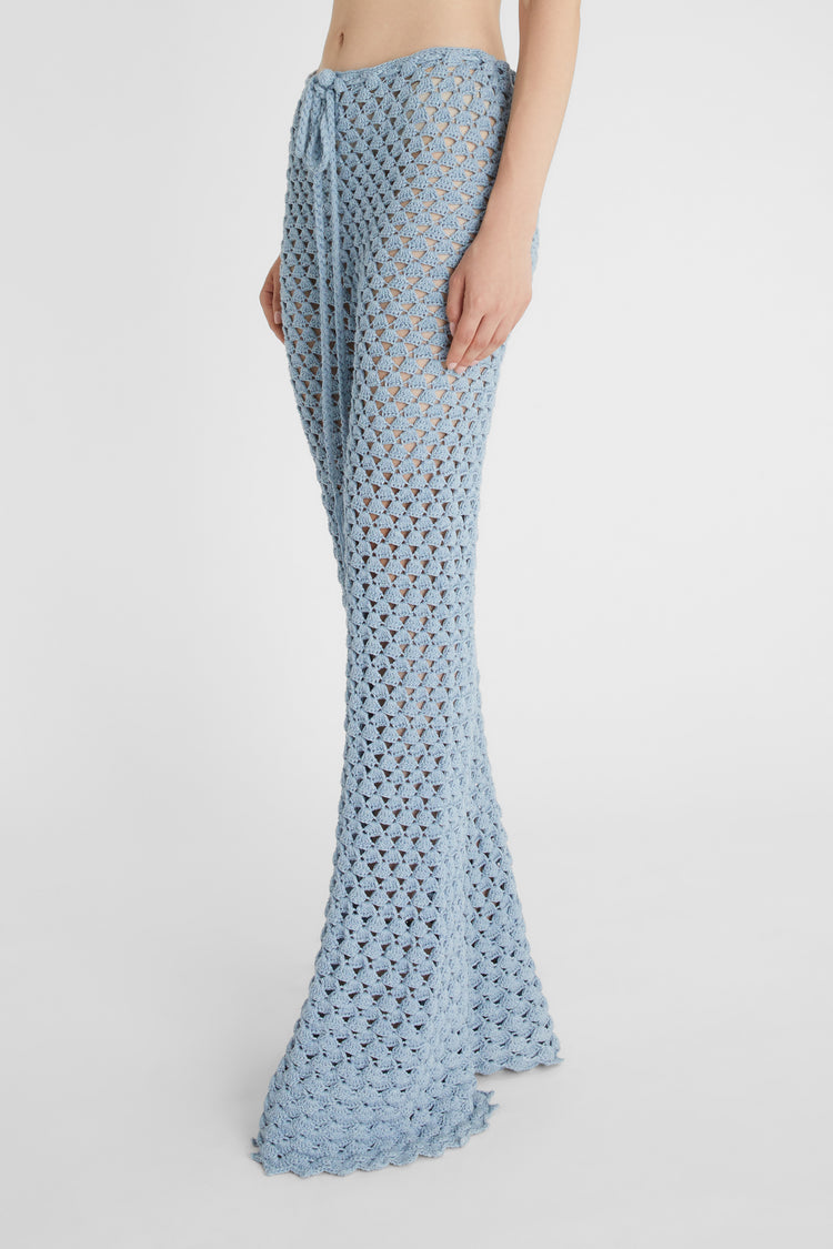 Light blue trousers in pure cotton with hand-made crochet work