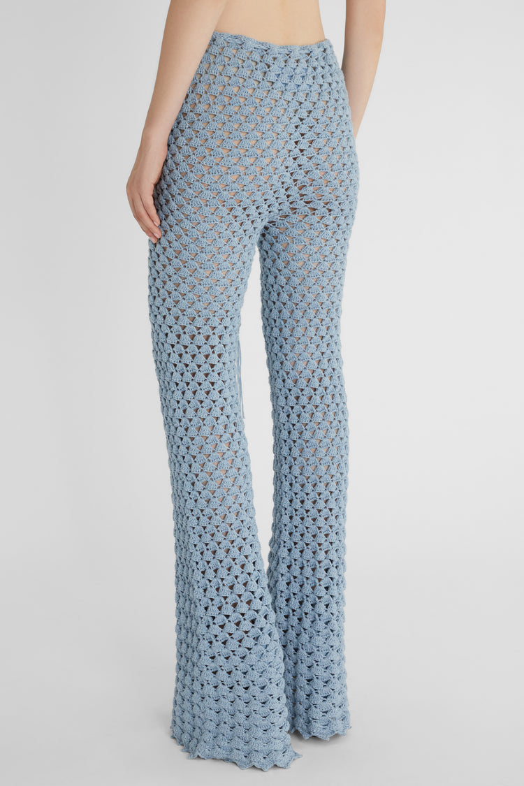 Light blue trousers in pure cotton with hand-made crochet work