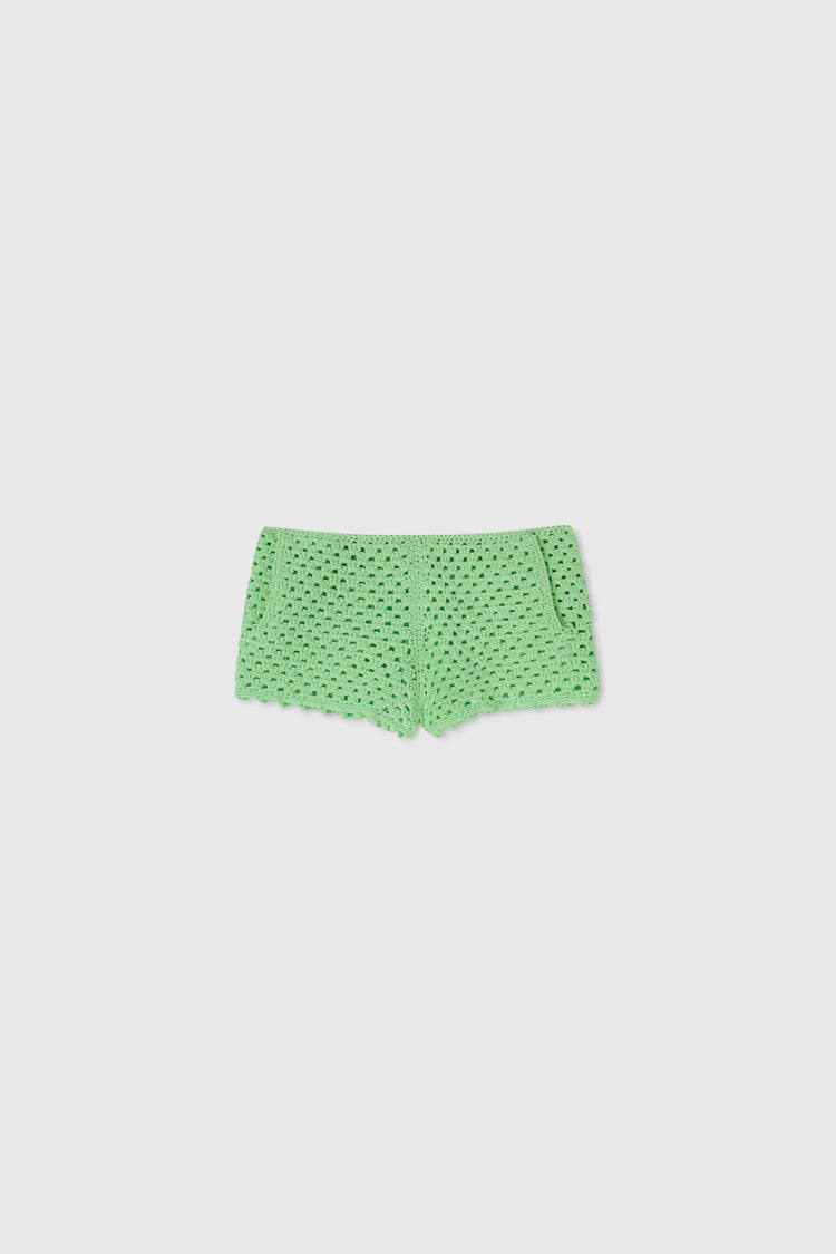 Pistachio green cotton crochet knit shorts