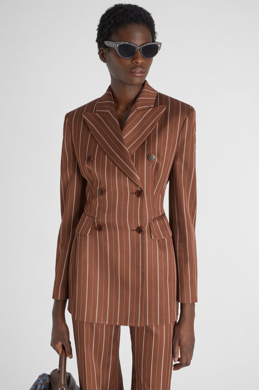 Double-breasted sculptural blazer with pinstripe pattern