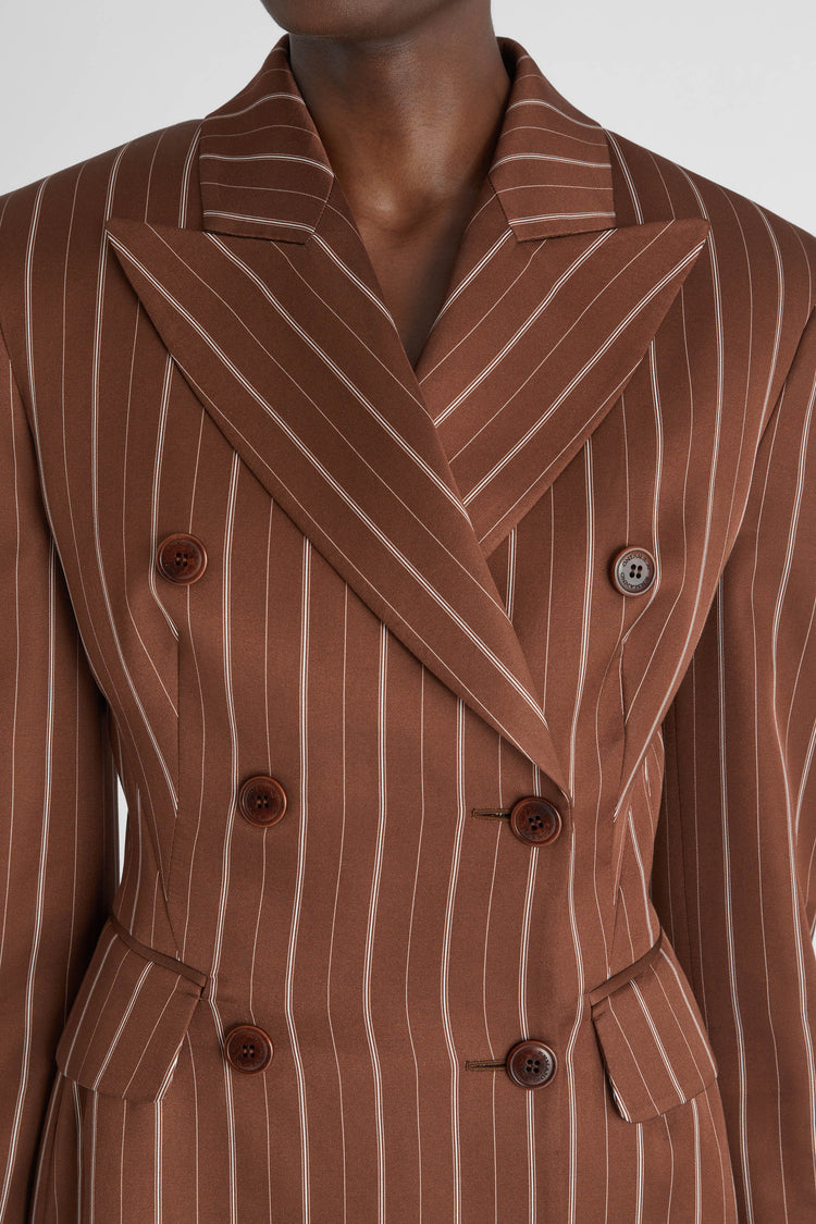 Double-breasted sculptural blazer with pinstripe pattern