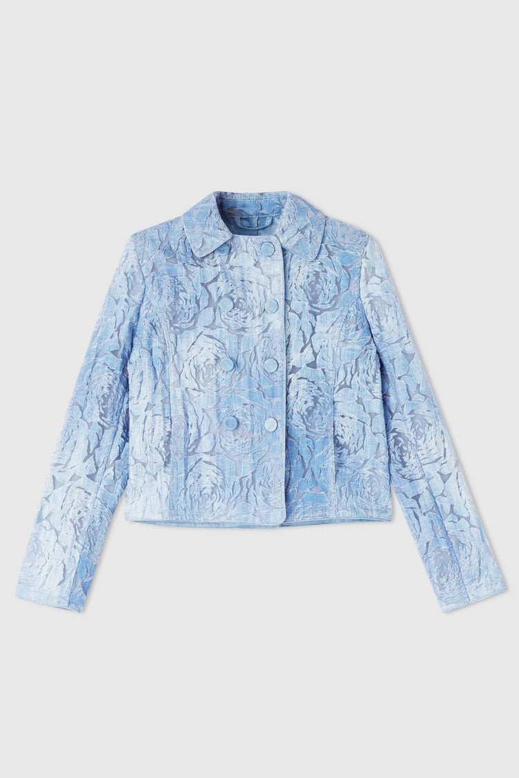 Short double-breasted jacket in devorè with floral motif and denim print