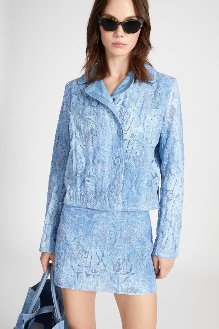 Short double-breasted jacket in devorè with floral motif and denim print