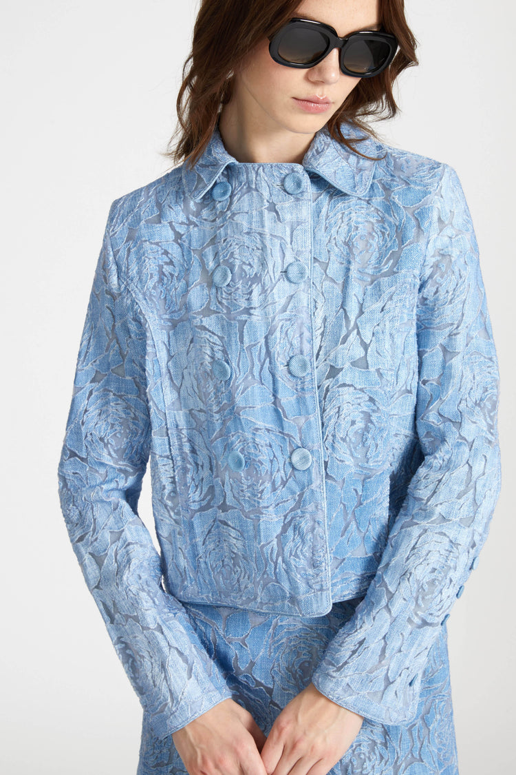 Short double-breasted jacket in devorè with floral motif and denim print