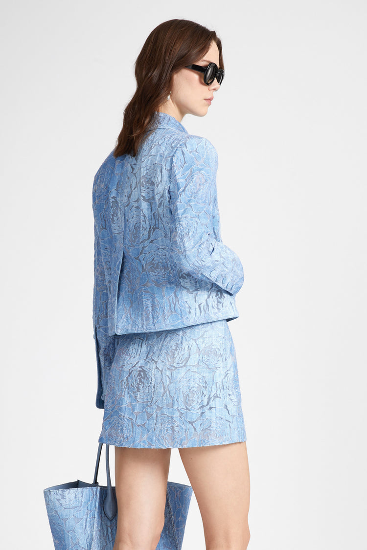 Short double-breasted jacket in devorè with floral motif and denim print