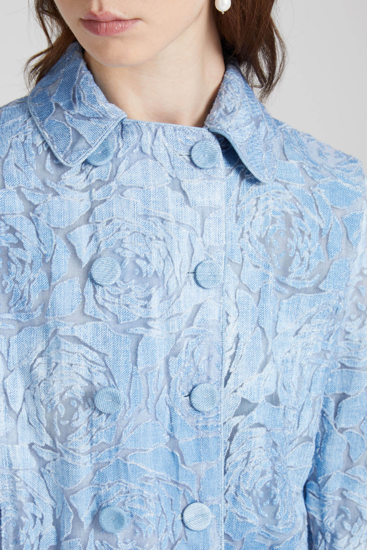 Short double-breasted jacket in devorè with floral motif and denim print