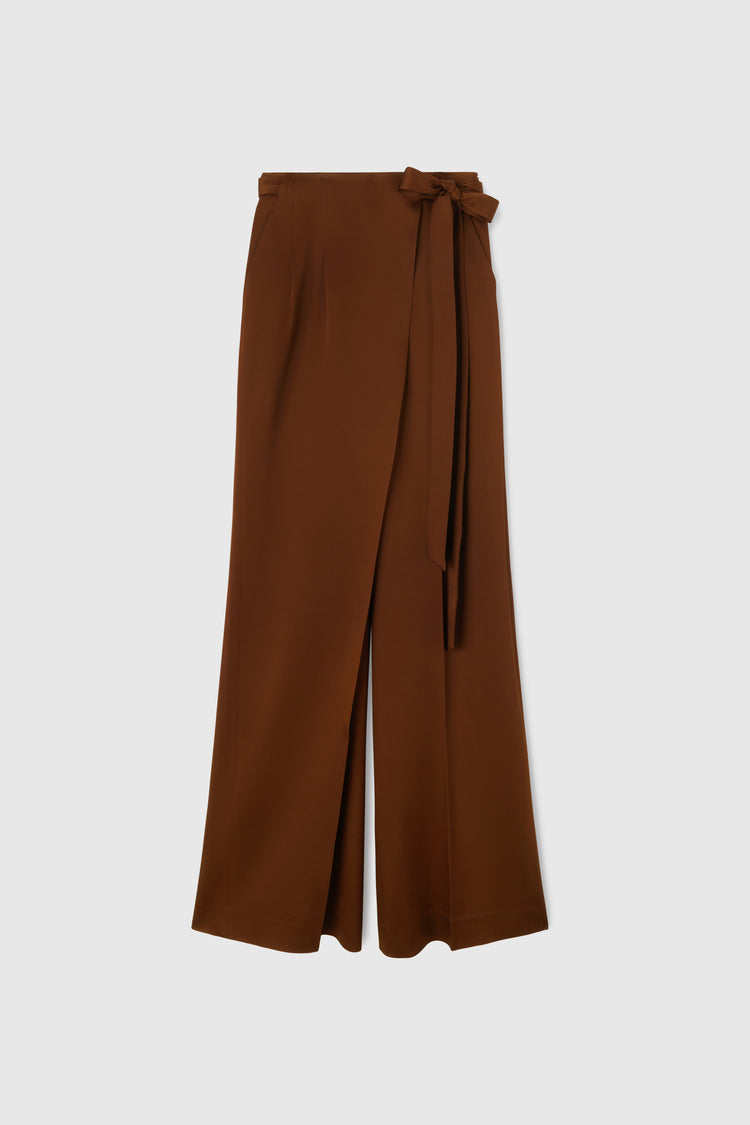 Asymmetric palazzo trousers with sash in satin-effect cady