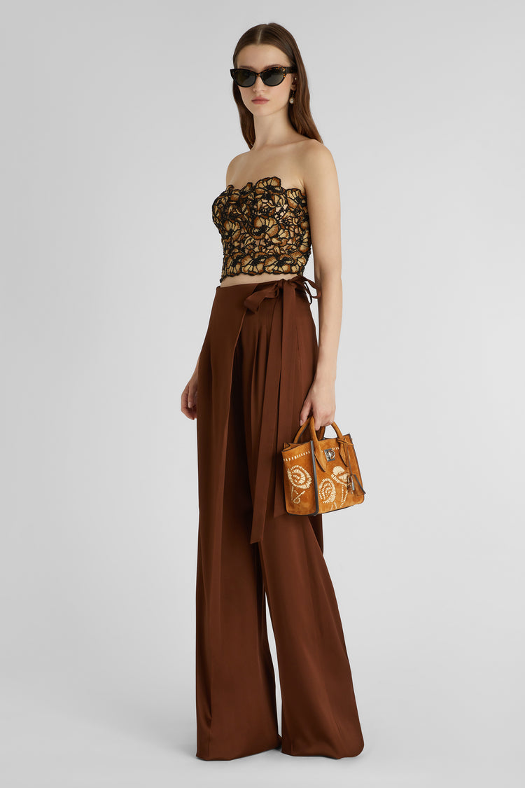 Asymmetric palazzo trousers with sash in satin-effect cady