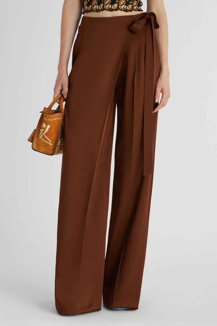 Asymmetric palazzo trousers with sash in satin-effect cady