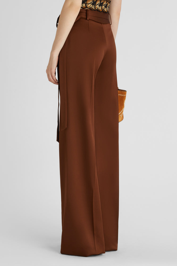 Asymmetric palazzo trousers with sash in satin-effect cady