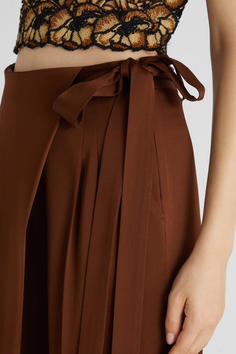 Asymmetric palazzo trousers with sash in satin-effect cady