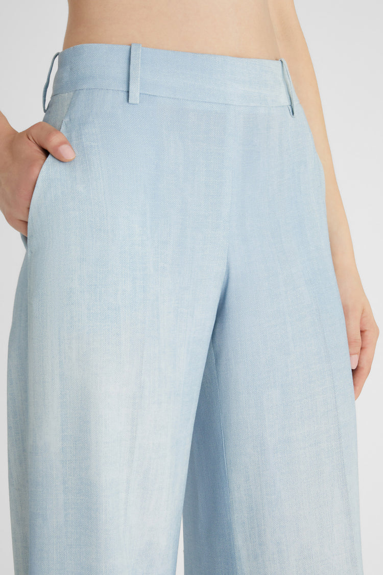 Pantalone palazzo in marocain stampa denim chiaro