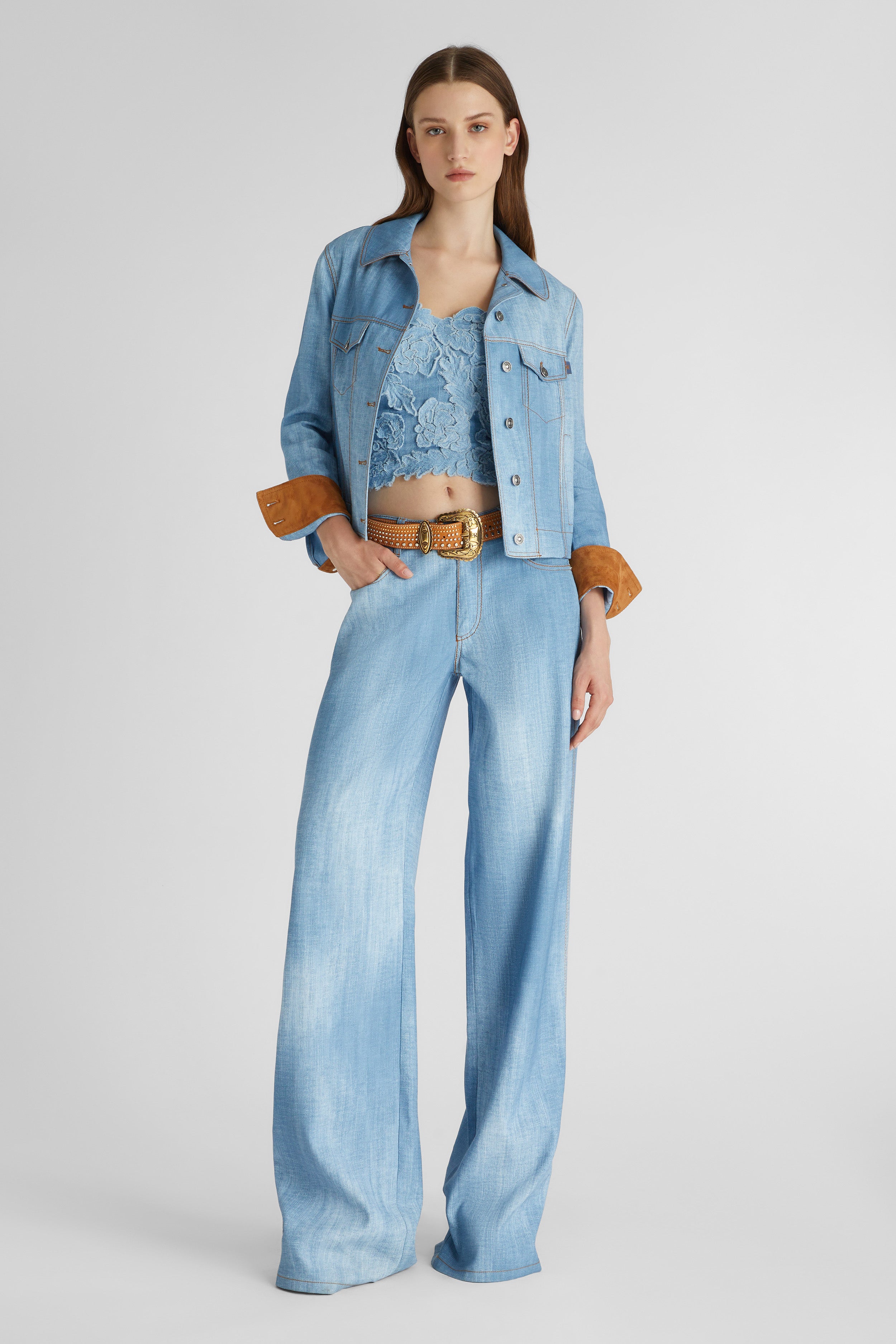 Palazzo trousers marocain denim print medium light blue - Ermanno